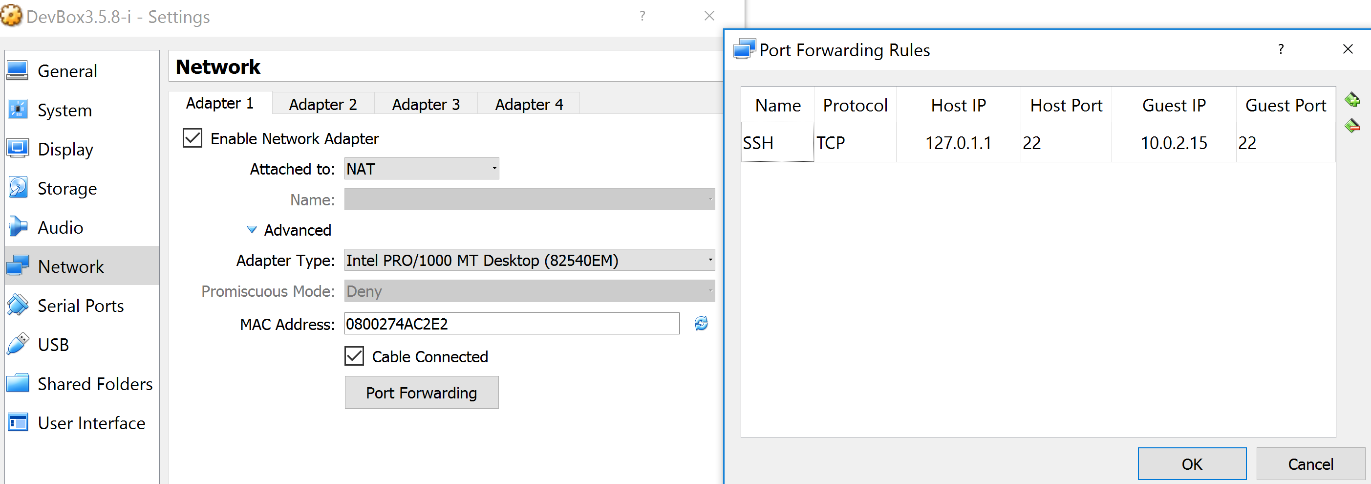 VirtualBox Port Forward Settings